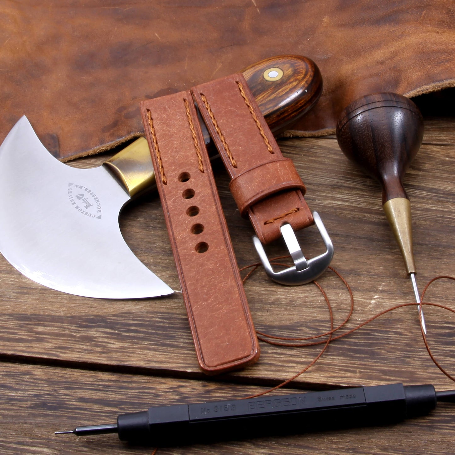 Leather Watch Strap, Rustic Russet | Chain Stitch | Full Grain Italian Veg Tanned Leather | Cozy Handmade