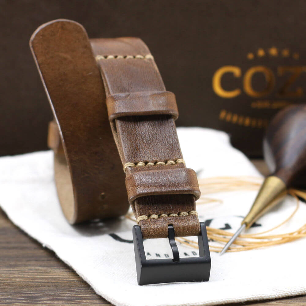 Leather NATO Strap, Vintage 402 Style II - Black Buckle | Full Grain Italian Veg Tanned | Cozy Handmade