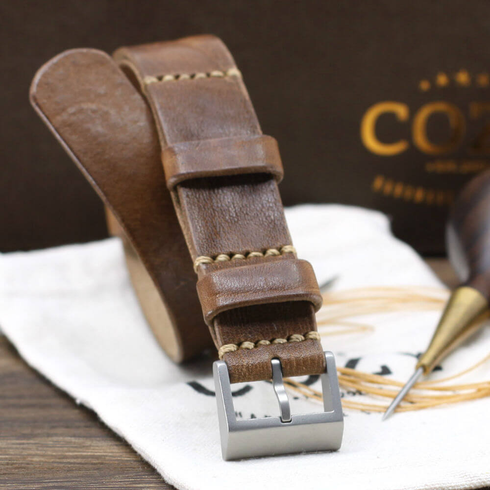 Leather NATO Strap, Vintage 402 Style II - Matte Buckle | Full Grain Italian Veg Tanned | Cozy Handmade