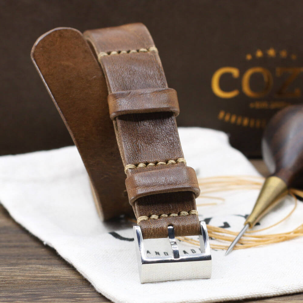 Leather NATO Strap, Vintage 402 Style II - Polished Buckle | Full Grain Italian Veg Tanned | Cozy Handmade