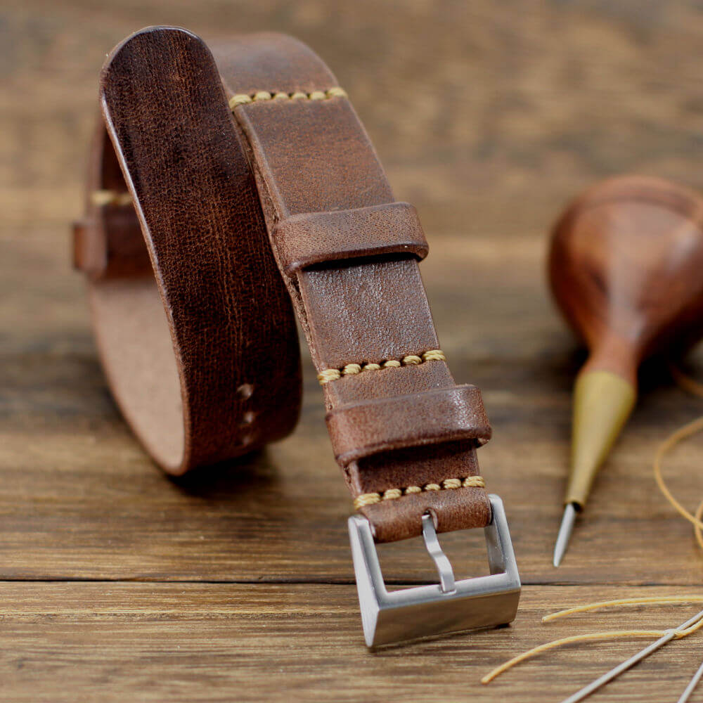 NAT2 Leather Watch Strap, Vintage 405 (Brushed Steel Buckle Finish) | Full Grain Italian Veg Tanned | Cozy Handmade