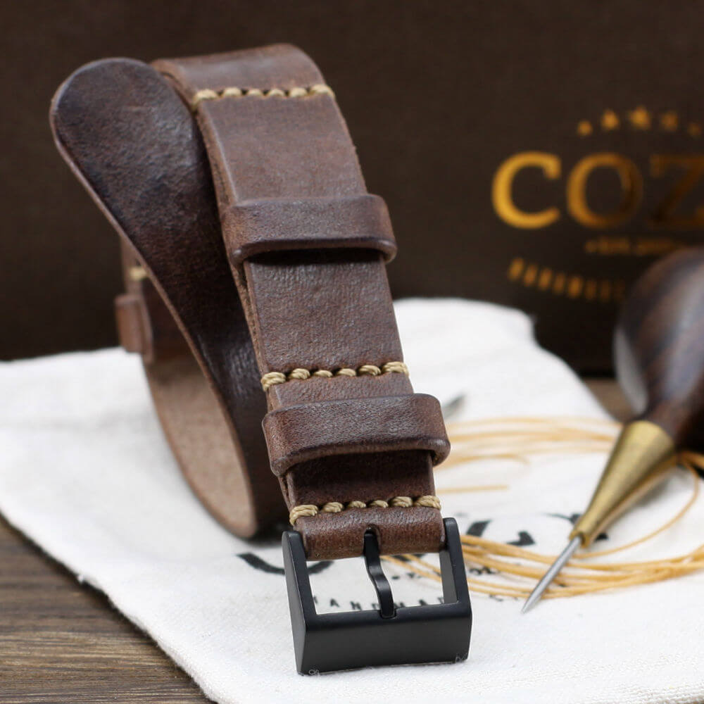 Leather NATO Strap, NAT2 Vintage 405 (Black PVD Finish Buckle) | Full Grain Italian Veg Tanned | Cozy Handmade