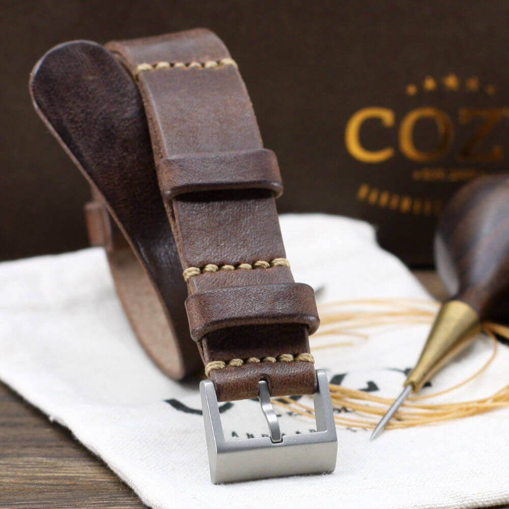 Leather NATO Strap, NAT2 Vintage 405 (Matte Steel Finish Buckle) | Full Grain Italian Veg Tanned | Cozy Handmade