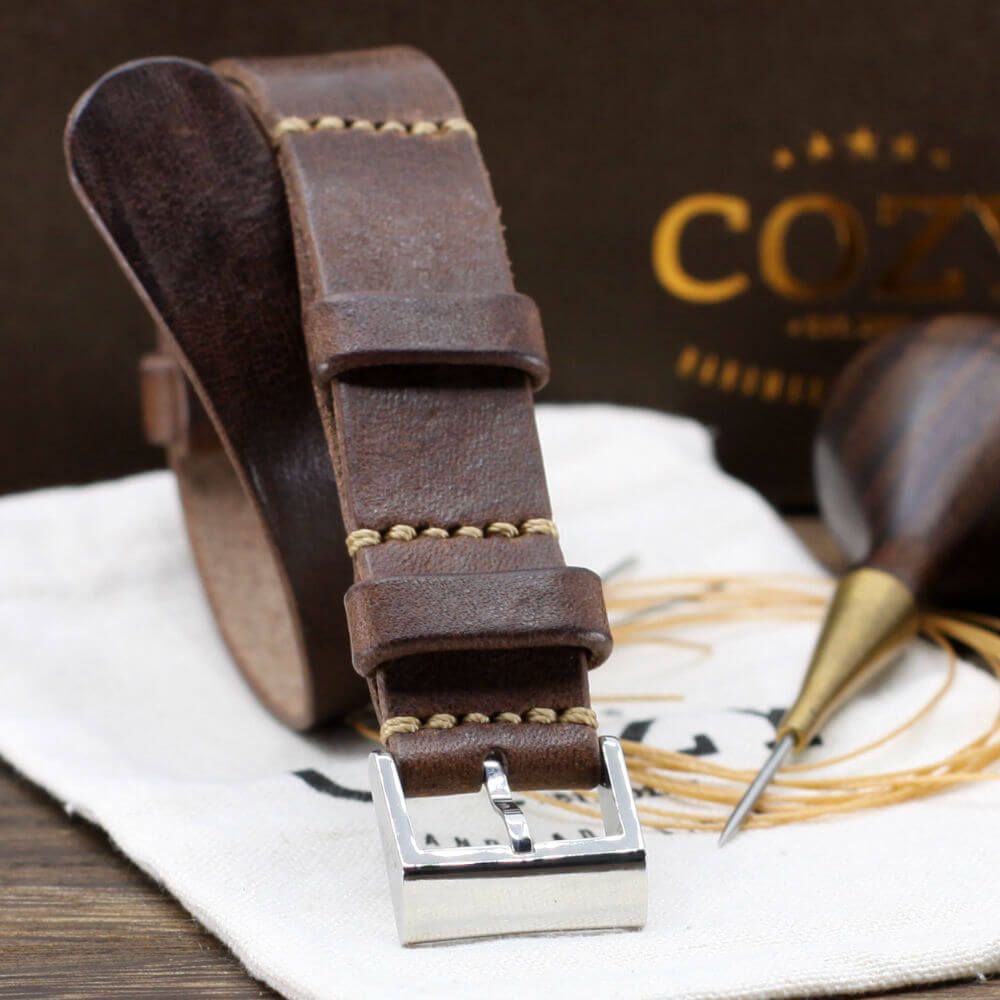 Leather NATO Strap, NAT2 Vintage 405 (Polished Steel Finish Buckle) | Full Grain Italian Veg Tanned | Cozy Handmade