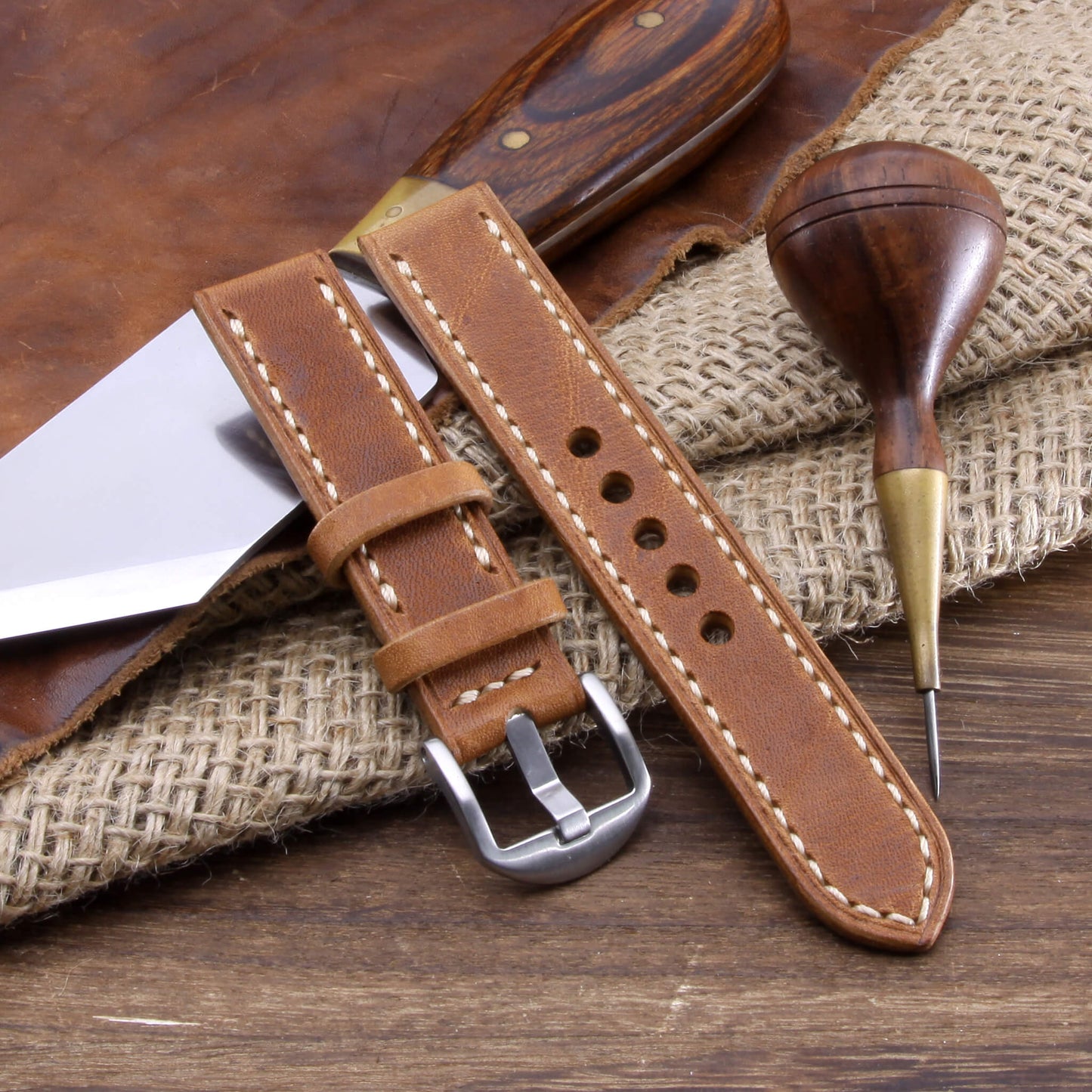 Leather Watch Strap, Vintage 401 |  Full Stitch | Full Grain Italian Veg Tanned | Cozy Handmade