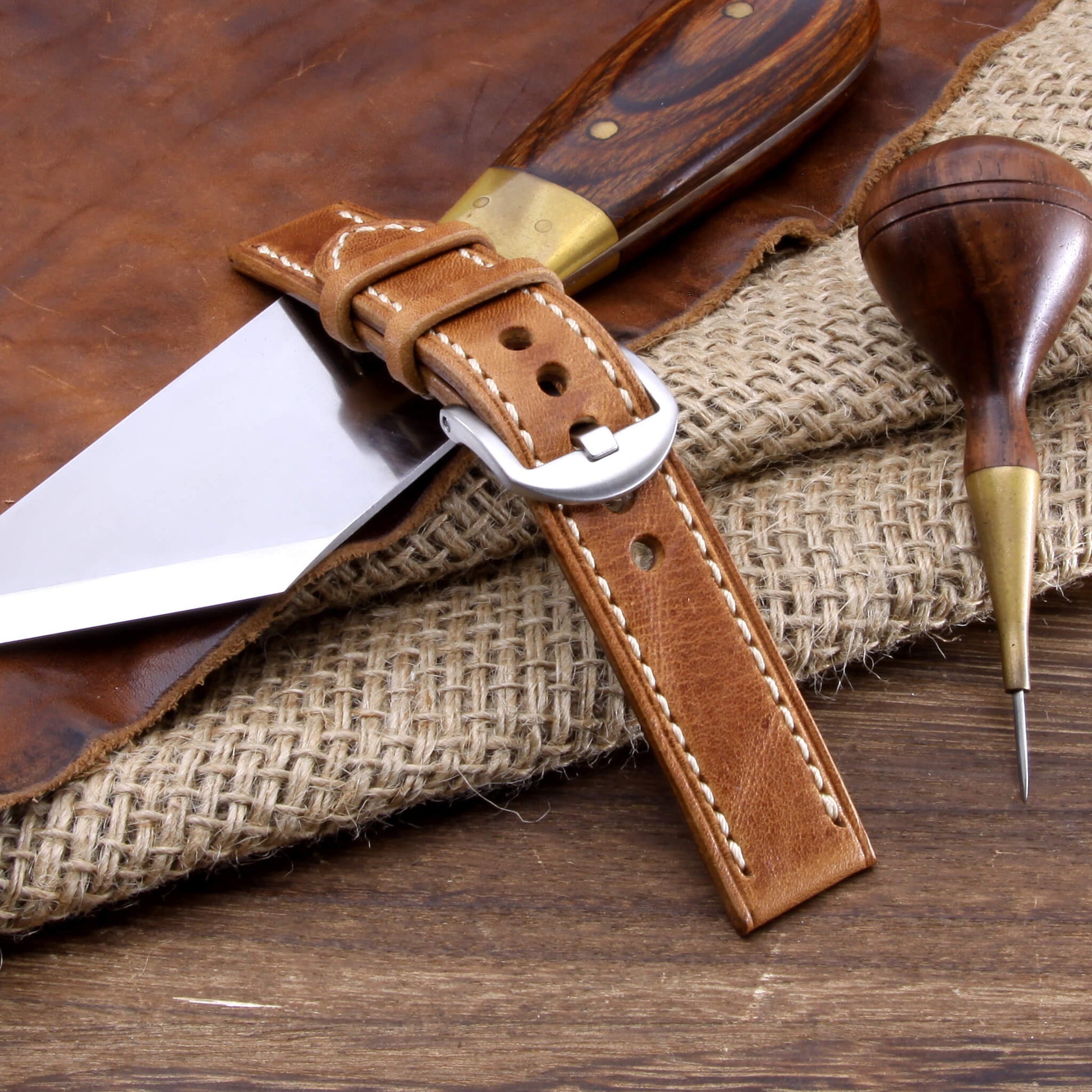 Leather Watch Strap, Vintage 401 |  Full Stitch | Full Grain Italian Veg Tanned | Cozy Handmade