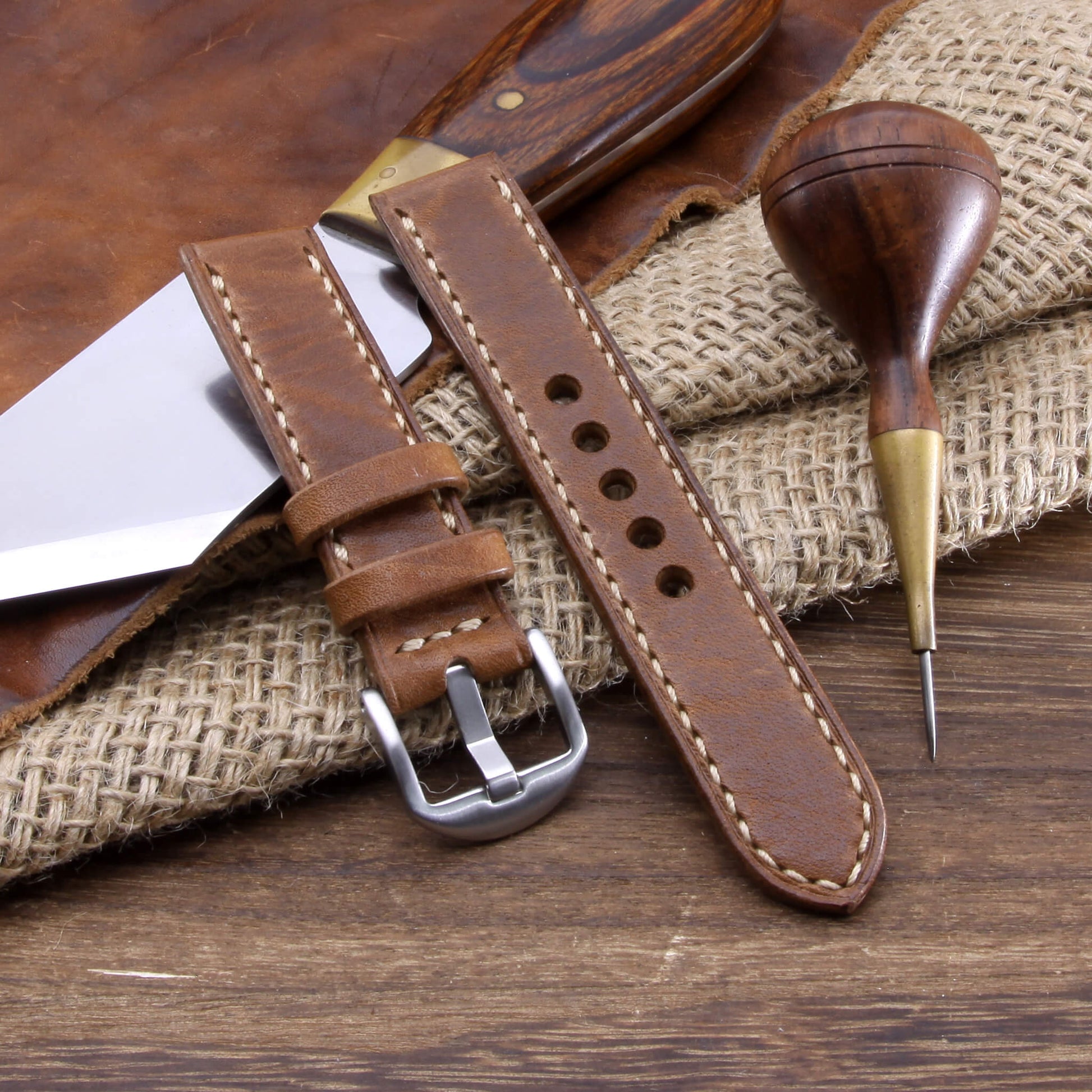 Leather Watch Strap, Vintage 402 |  Full Stitch | Full Grain Italian Veg Tanned | Cozy Handmade