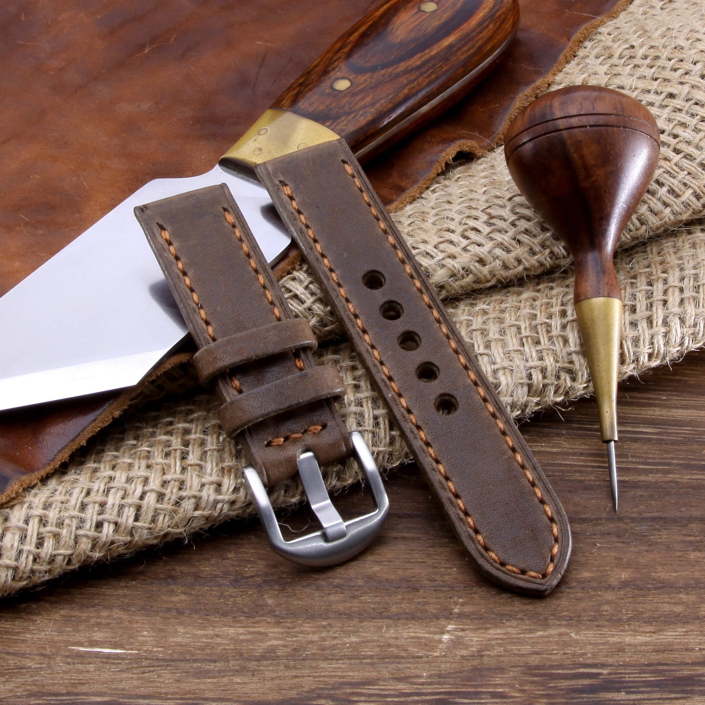 Leather Watch Strap, Vintage 404 |  Full Stitch | Full Grain Italian Veg Tanned | Cozy Handmade