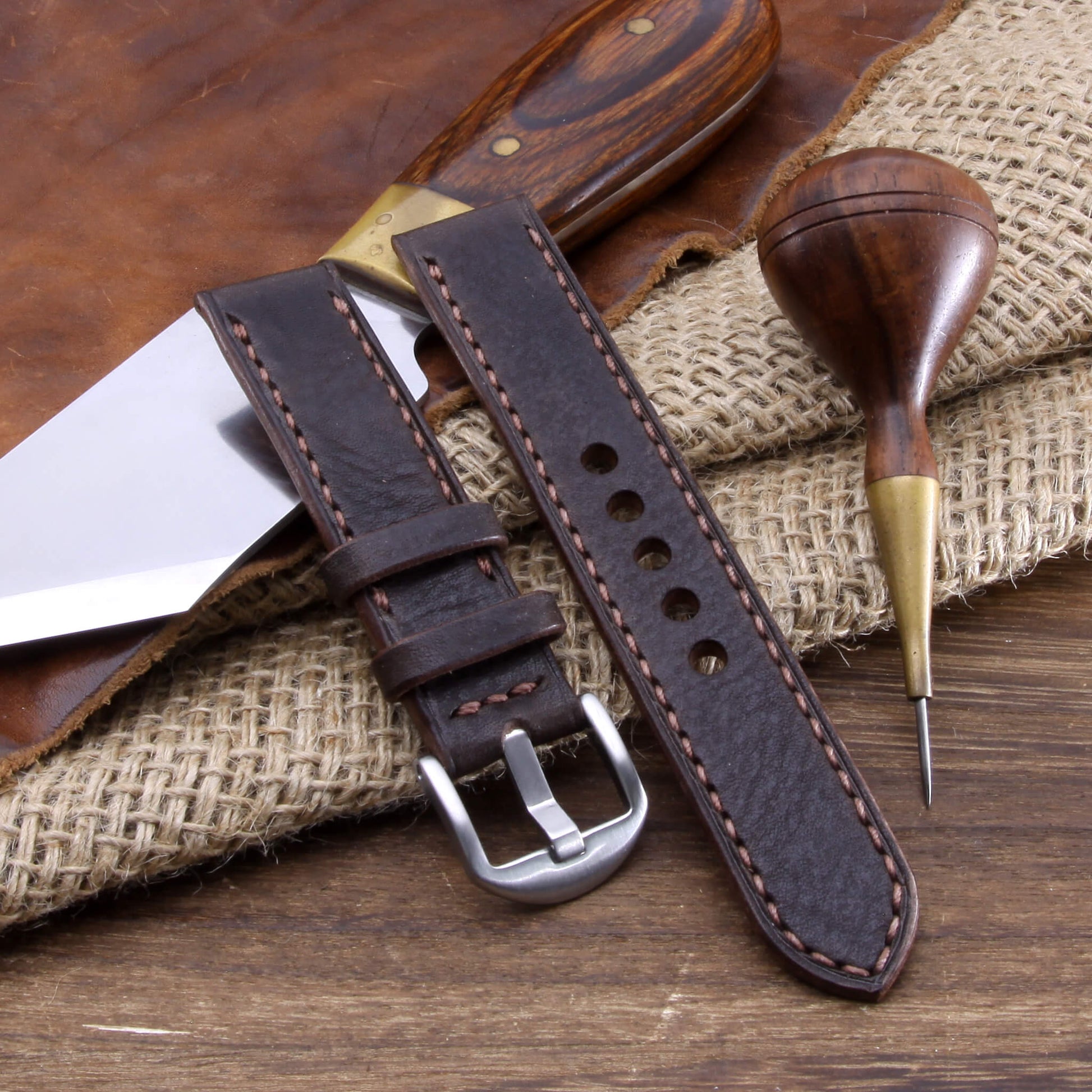 Leather Watch Strap, Vintage 406 |  Full Stitch | Full Grain Italian Veg Tanned | Cozy Handmade