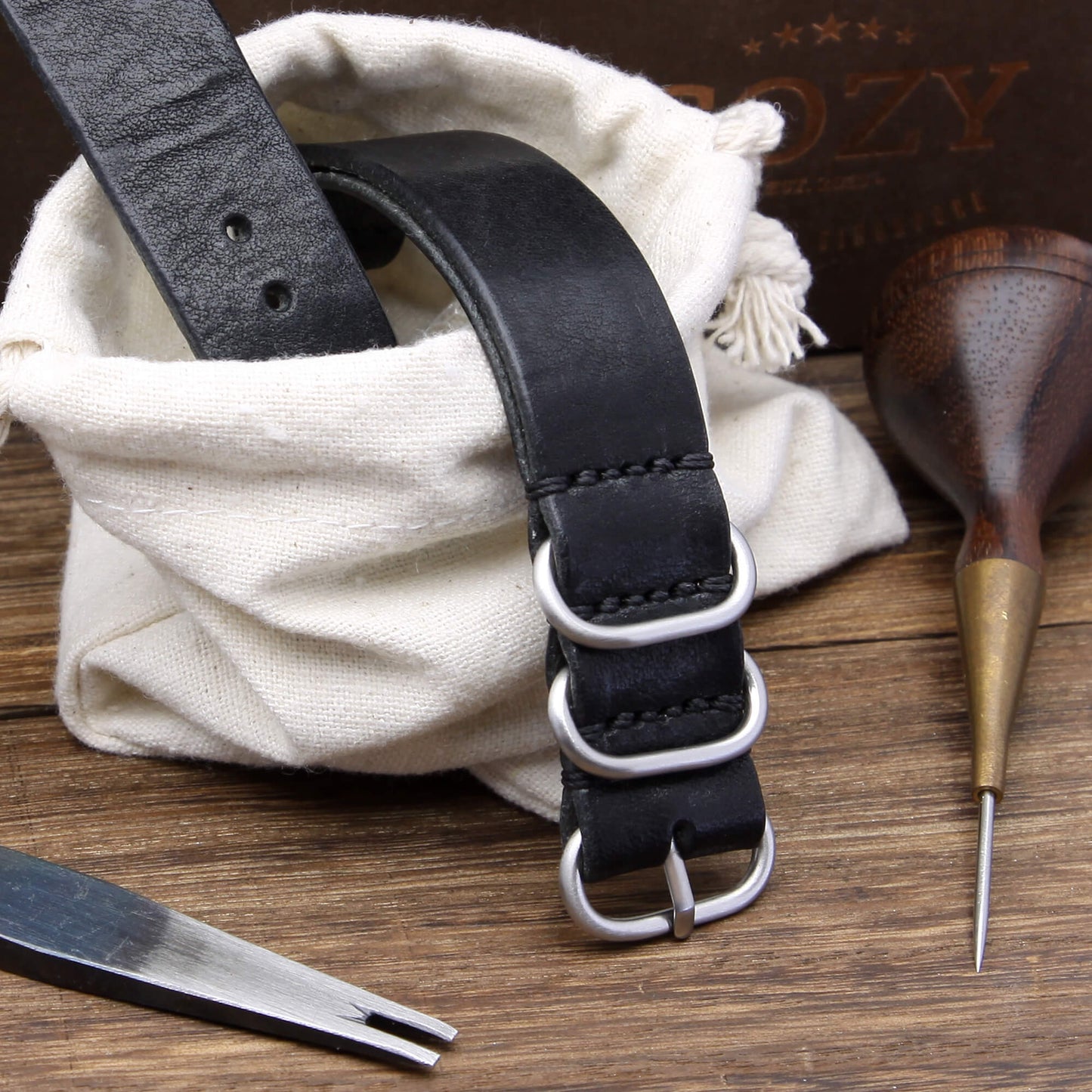 Leather Watch Strap, 4-Ring Vintage NERO (Black) | Full Grain Italian Veg Tanned | Cozy Handmade