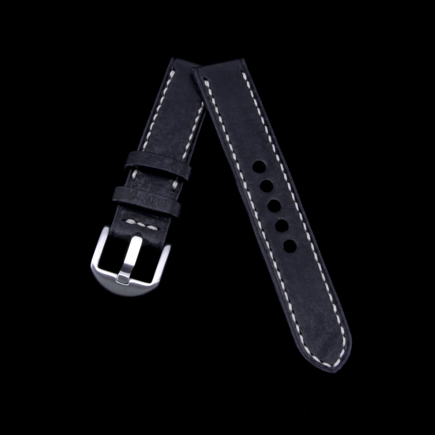 Leather Watch Strap, Vintage Nero Black |  Full Stitch | Full Grain Italian Veg Tanned | Cozy Handmade