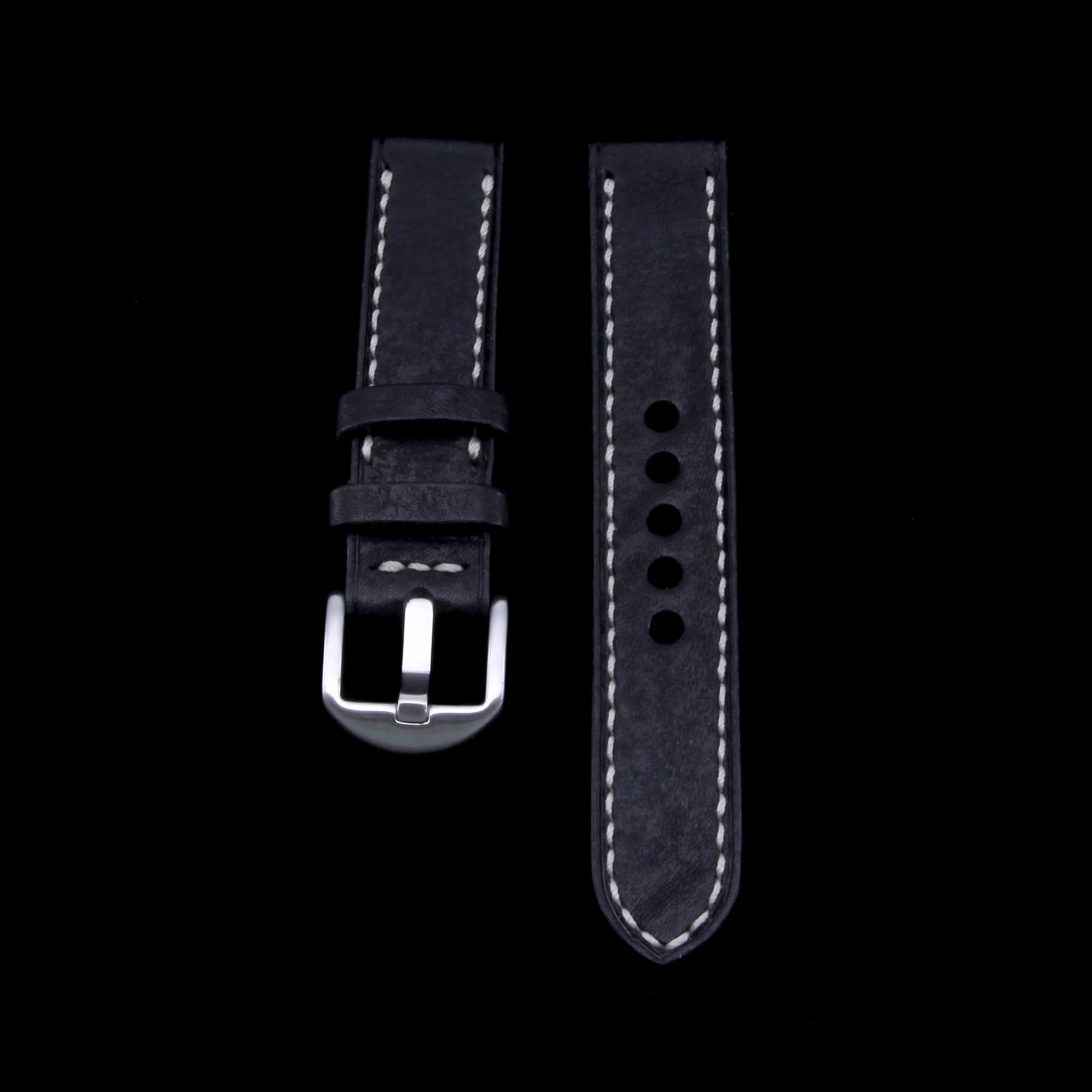 Leather Watch Strap, Vintage Nero Black |  Full Stitch | Full Grain Italian Veg Tanned | Cozy Handmade