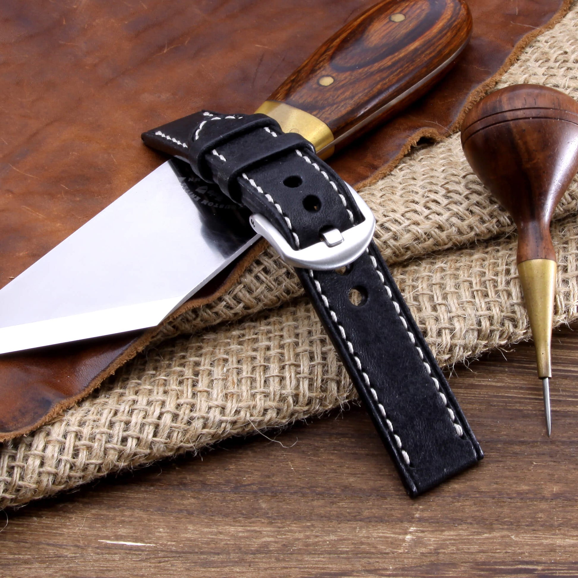 Leather Watch Strap, Vintage Nero Black |  Full Stitch | Full Grain Italian Veg Tanned | Cozy Handmade