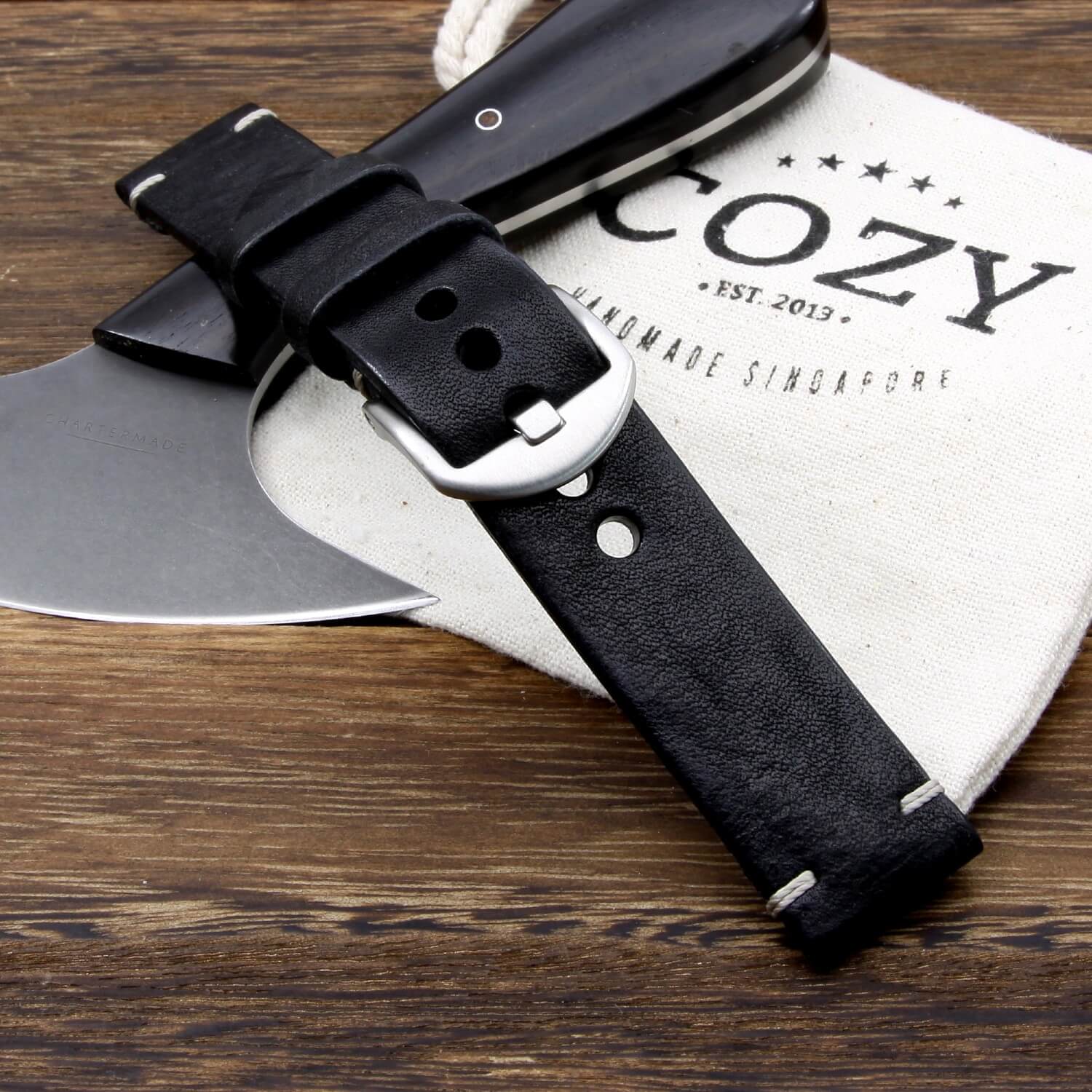 Leather Watch Strap, Vintage Nero | Italian Veg Tanned | For Apple Watch | Cozy Handmade