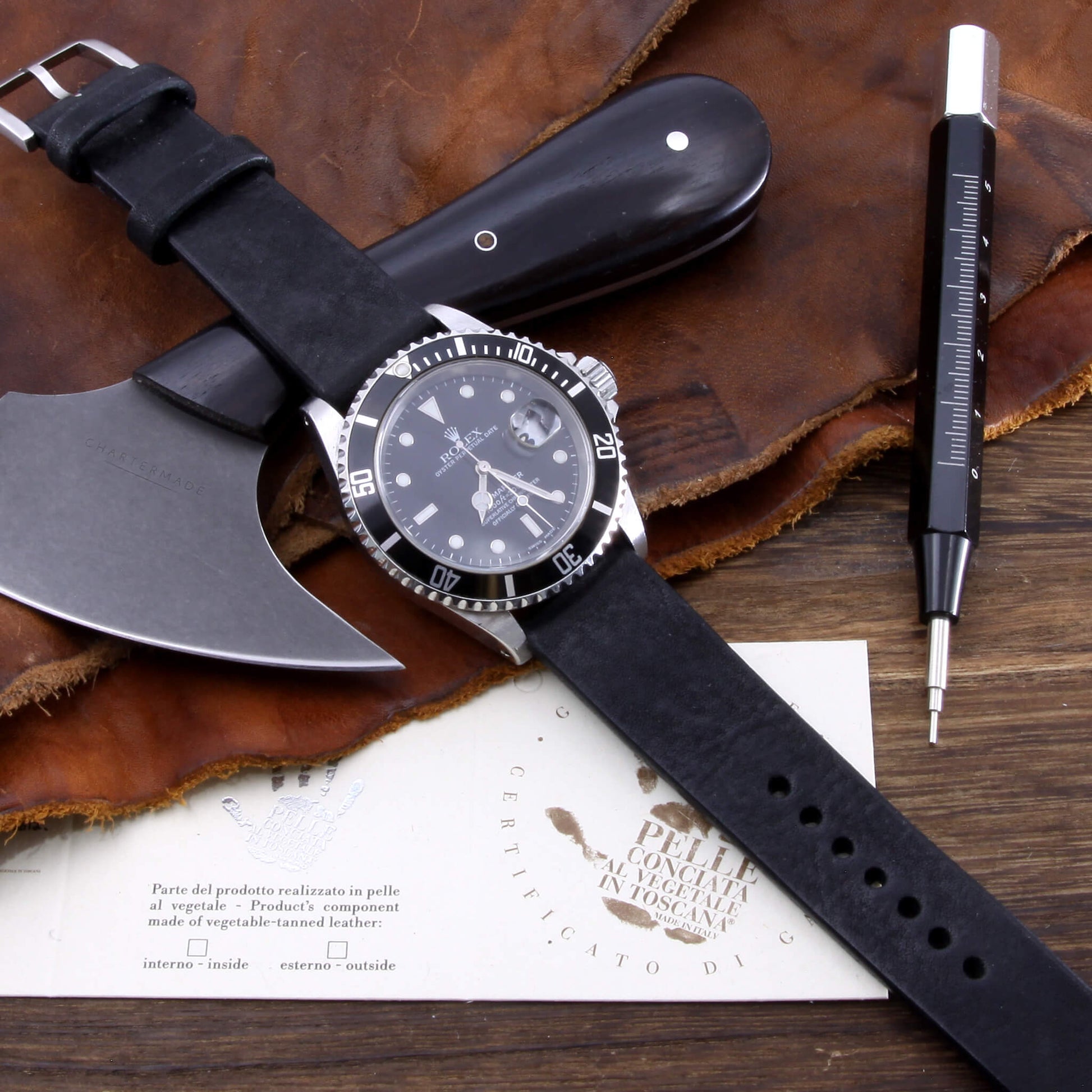 Leather Watch Strap, Vintage Nero (Black) | Stitch-less | Full Grain Italian Vegetable-Tanned | Cozy Handmade