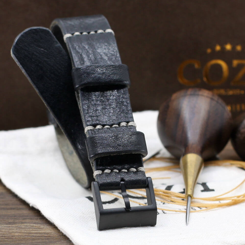 Leather NATO Strap, Vintage NERO Style II - Black Buckle | Full Grain Italian Veg Tanned | Cozy Handmade